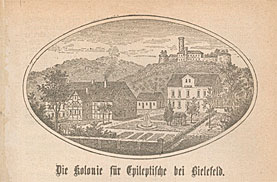 Zeichnung „Die Kolonie für Epileptische bei Bielefeld“ mit dem ersten Haus Bethels: EbenEzer

